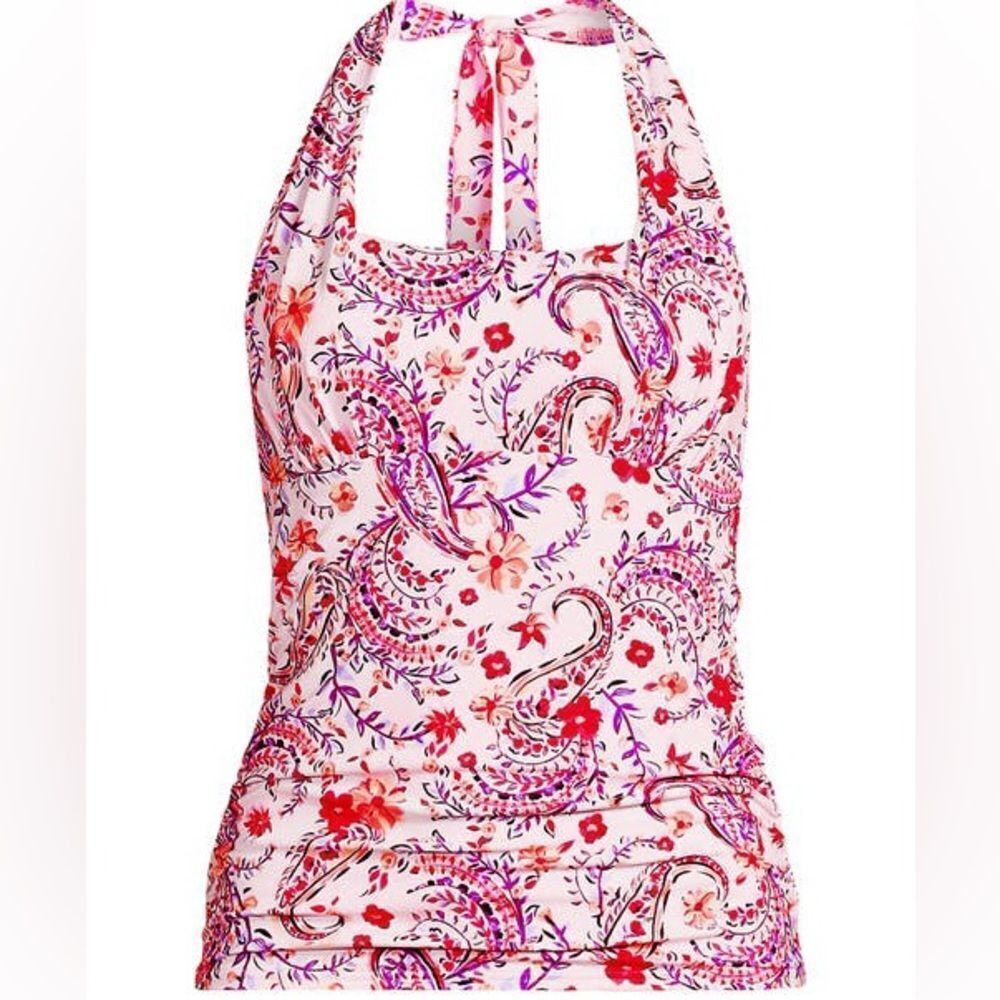 Land’s End Plus size soft cup halter tankini top Wood Lily Floral Paisley 14